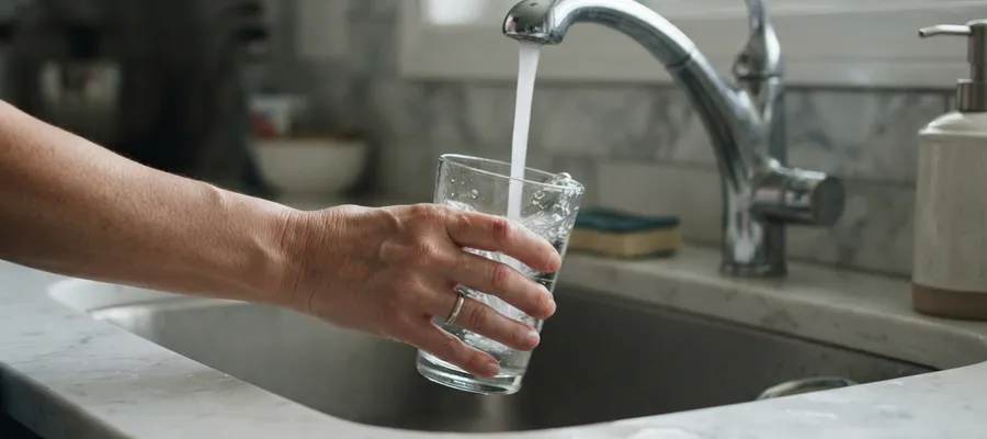 Homeowner filling a glass with clean water at home
